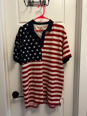 Field & Stream Navy Collar Polo with American Flag printed material
